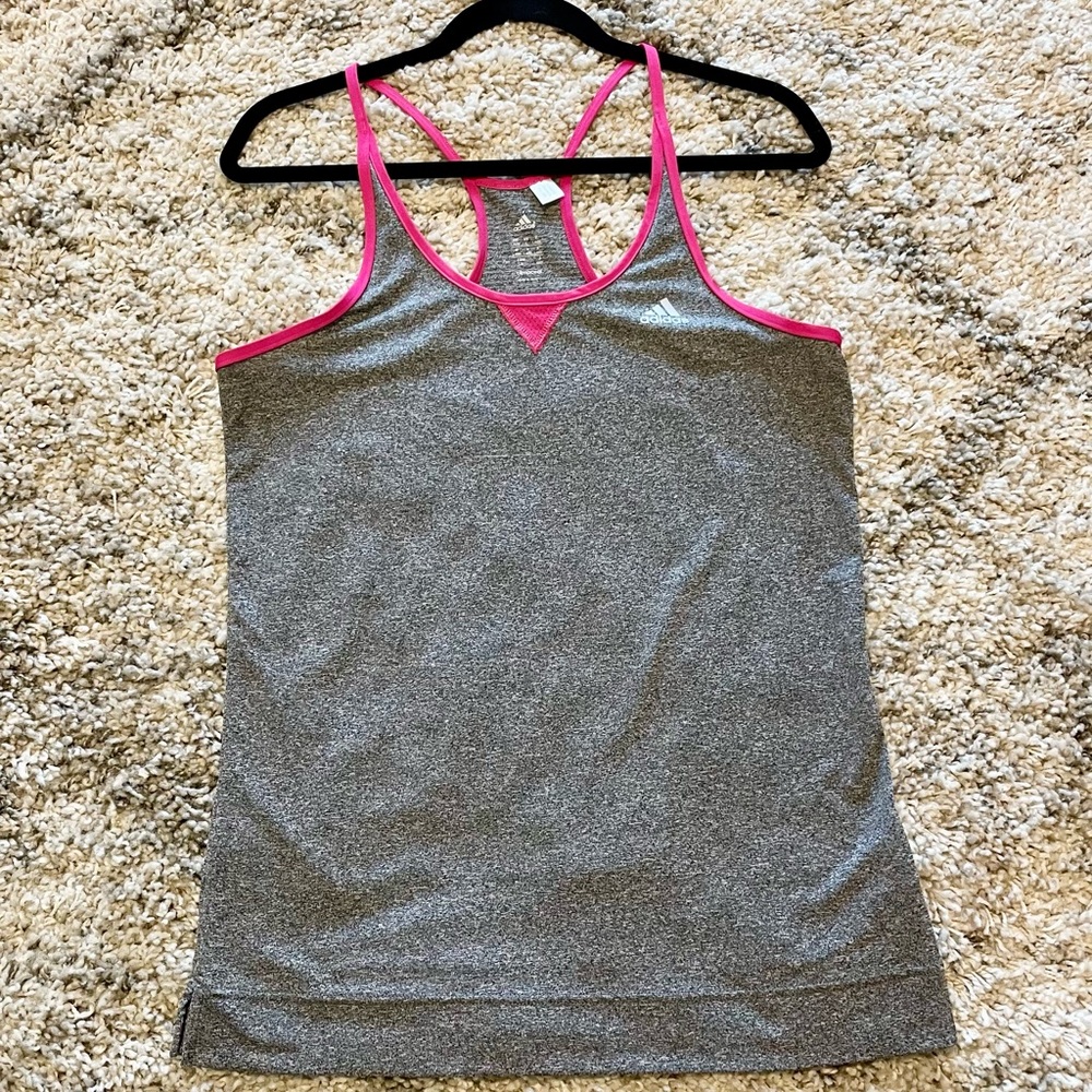 Adidas Women's Heather Grey Racerback Workout Tank Top with Hot Pink Trim Medium